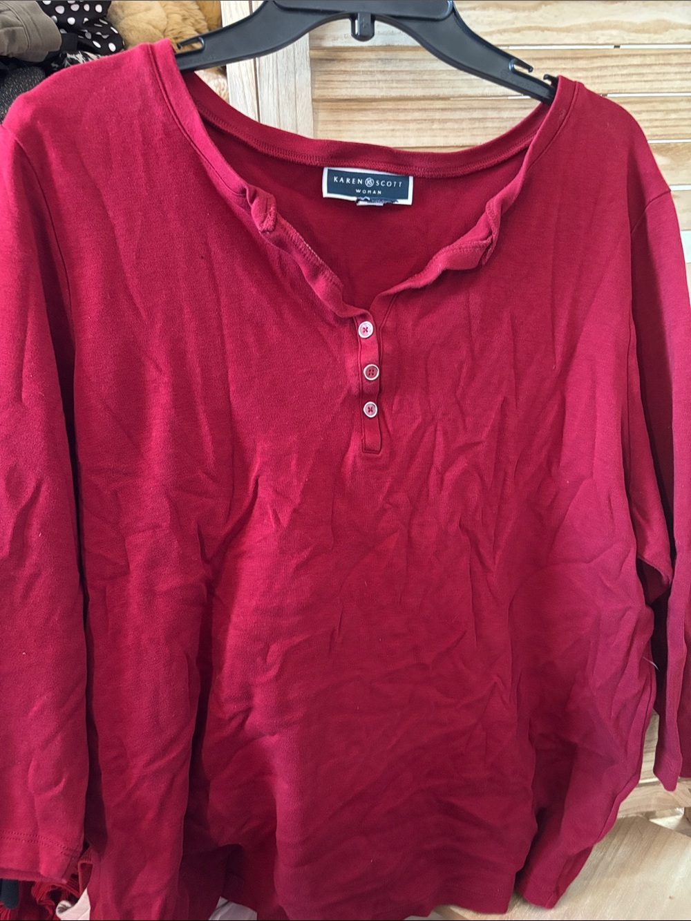 Karen Scott Deep Red Long-Sleeve Henley Top 2X